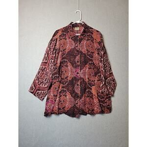 URU 100% Silk Burgundy Geometric LS Button Up Blouse Women's One Size Fits Most